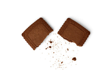 Square chocolate shortbread cookies on white background.