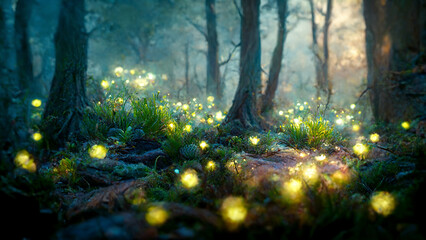 Forest path with glowing fireflies