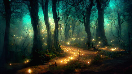 Fototapeta premium Gloomy fantasy forest scene at night with glowing lights