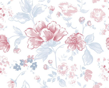 Floral pattern. Pink and blue flowers background. Hand drawn vector illustration © ka_lou