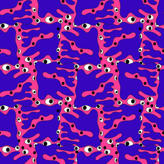 Abstract hand drawn monster shapes with eyes. Bright colors seamless pattern or fabric, wallpaper, wrapping paper, web design