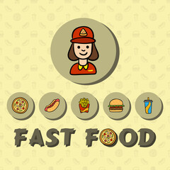 Vector banner in flat style fast food, icons jump, hot dog, burger, drink, pizza, with shadow and text.