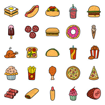 A large set of vector icons fast food in a flat style which depicts hot dog, sausage, pizza, burger, chicken grill, sandwich, French fries, drinks, sausage, charm.