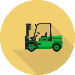 The vector icon is a flat-style forklift on a bright background, with a long shadow.