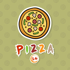 Vector banner advertising depicts pizza and text with a shadow on a bright background, for advertising and the Internet.