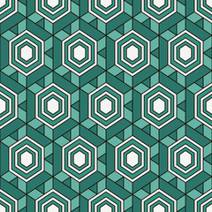 Honeycomb seamless pattern. Hexagon mosaic tiles ornament. Ethnic surface print. Repeated geometric figures background. Ornamental wallpaper. Modern geo design digital paper. Vector abstract work.