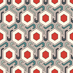 Honeycomb seamless pattern. Hexagon mosaic tiles ornament. Ethnic surface print. Repeated geometric figures background. Ornamental wallpaper. Modern geo design digital paper.