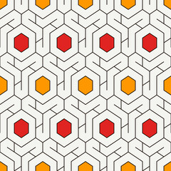 Honeycomb seamless pattern. Hexagon mosaic tiles ornament. Ethnic surface print. Repeated geometric figures background. Ornamental wallpaper. Modern geo design digital paper. Vector abstract work.