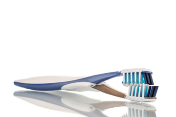 Two plastic toothbrushes, close-up, isolated on a white background.