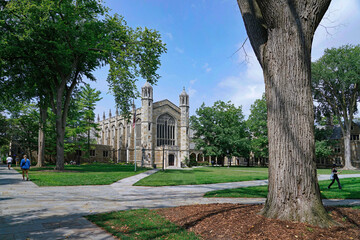 College campus with lawn and trees in front of gothic architecture buildings.
