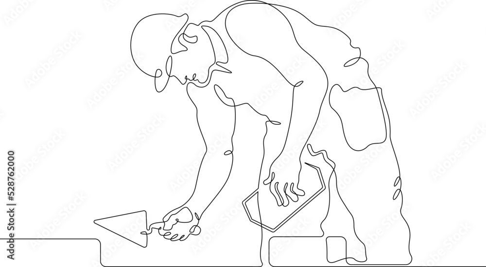 Poster one continuous line.bricklayer at a construction site. home construction.builder with a tool in his 
