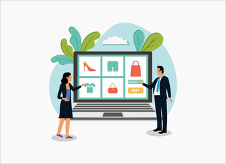 Online order concept. a people is ordering goods through his laptop, vector illustration