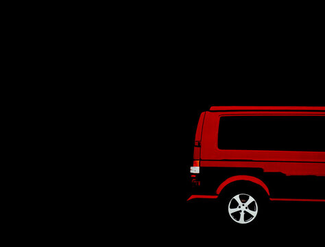 isolated minivan parks in front of a house with a red door, ilustration