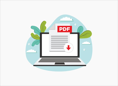 Download PDF icon file with label on laptop screen. Downloading document concept, vector flat illustration