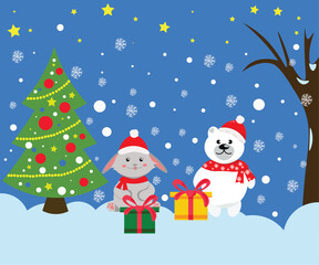 Winter holiday, New Year card, Christmas tree, hare, bear