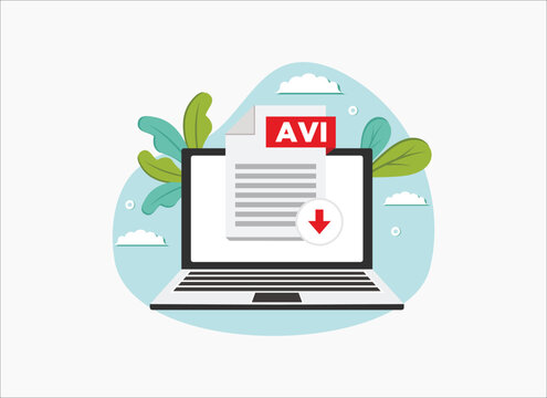 Download AVI icon file with label on laptop screen. Downloading document concept, vector flat illustration