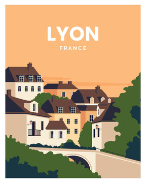 sunset in lyon france landscape background. Vector illustration with minimalist style for travel poster, print, postcard.