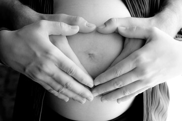 Parent's hands on a pregnant belly in black and white. Family love in black and with with hands on...