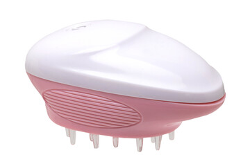 Close up of a battery operated scalp massage brush, shampoo brush or scalp massager for exfoliating and massaging the scalp.Clipping path. Beauty and health concept. - obrazy, fototapety, plakaty