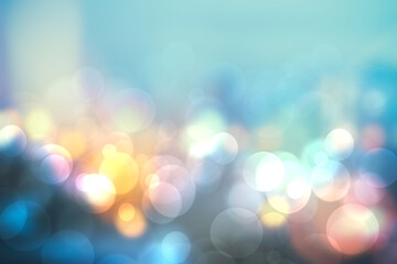 Obraz premium Colorful party background. Abstract pastel blue turquoise pink yellow texture with blurred bokeh lights and soft color circles. Beautiful backdrop for design of invitation for various holidays. Card .