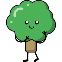 Tree with cute face in Japanese kawaii style. Png funny cartoon flat simple environmental character icon, sticker, badge. Doodles on the theme of ecology, protecting nature, saving the planet.
