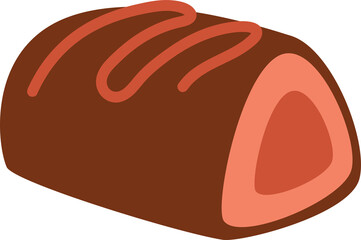 Chocolate sweet with liquid topping and red stuffing.