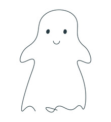 Ghost is single continuous line. Illustration for Halloween. One line drawing. Cute ghost character. Simple linear illustration. Flat vector illustration isolated background.