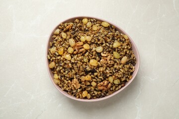 Traditional Christmas slavic dish kutia on grey table, top view