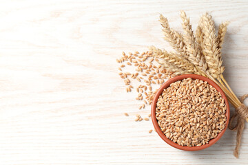 Wheat grains in bowl and spikes on white wooden table, flat lay. Space for text