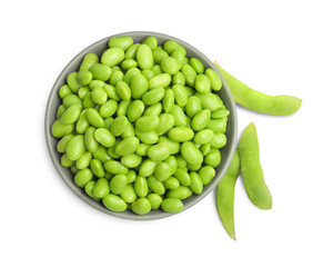 Bowl with fresh edamame soybeans on white background, top view