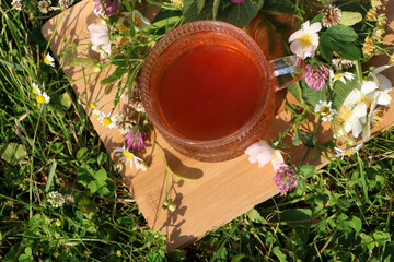 Ornate glass cup of tea, different wildflowers and herbs on wooden board in meadow, above view