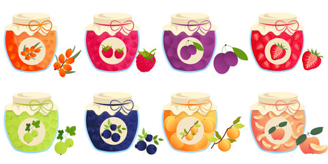 Set glass jars with jam, sea buckthorn, gooseberry, strawberry, raspberry, apple, plum, apricot, blueberry. Isolated on a white background.