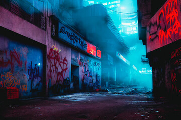 Dark, futuristic cyberpunk city street with graffiti and smog at night. Dystopia. 3D illustration. - 528767005