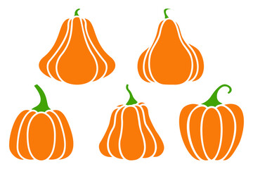 Orange Pumpkin. Set of silhouettes of different pumpkins. Black silhouettes of pumpkins. Isolated on white.