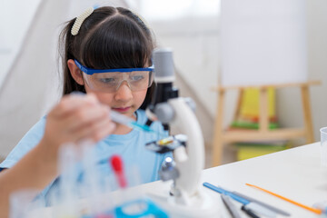 Kindergarten Student playing the microscope in Science Experiment.