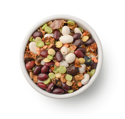 Dry beans and vegetables soup mix in ceramic bowl