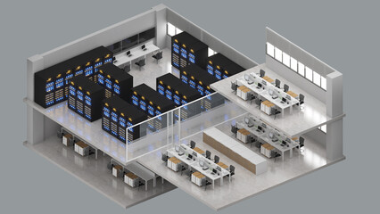 Isometric view of a office space and large server room,Data Center With Multiple Rows of Fully Operational Server Racks., 3d rendering.