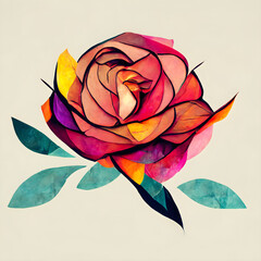 Abstract colorful illustration of a rose blossoming, modern elegant floral drawing.