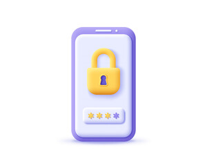 3d icon locked padlock with password on smartphone. Render mobile with lock for security, safety, protection, privacy and encryption concept. 3d realistic vector illustration cellphone