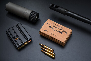 Firearms.  Silencer, rifle barrel and cartridges of caliber 5.56x45mm.