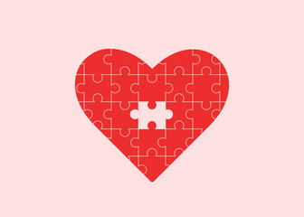red heart in a jigsaw puzzle. concept of love, romantic feelings. search for a partner