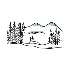 Hand drawn mountains with trees doodle style, vector illustration isolated on white background. Black lines, nature, spruces. Decorative design element