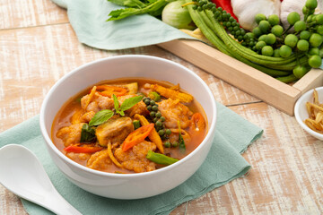 Jungle Curry with clown featherback fishball and vegetable with fingerroot (Gaeng Pa),Thai hot and spicy curry soup without Coconut Milk in white bowl