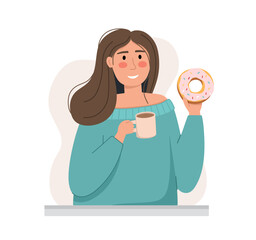 A girl in a turquoise jacket with a cup of coffee and dessert. The concept of a coffee shop and coffee lovers. Vector illustration in a flat style
