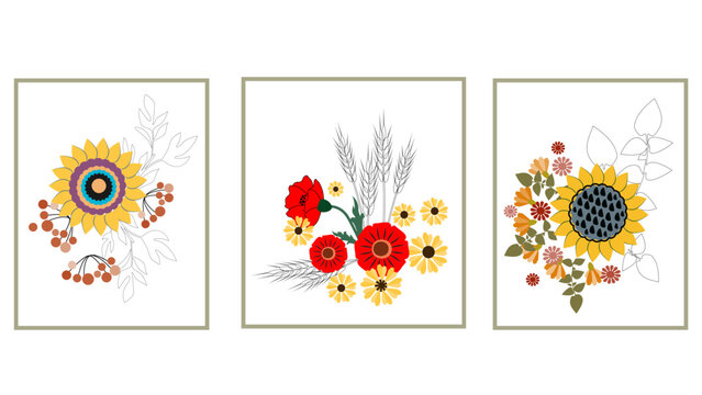 Set of three pictures with flowers, leaves and spikelets in a frame. Vector illustration for wall decor, postcards and posters design, cover