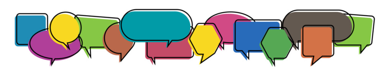 Word communication with colorful multicolored dialog speech bubbles. Vector illustration of communication concept on white isolated background. Flat style. Speak english.