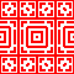 Repeated stylized red squares on white background. Quadrangles wallpaper. Seamless surface pattern design with symmetrical polygons ornament. Geometric motif. Digital paper for print. Vector art