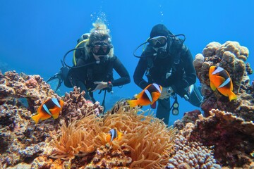 Fototapeta na wymiar Scuba divers couple near beautiful coral reef watching sea anemone and family of two-banded anemone fish