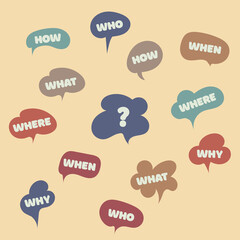 Question who, what, how, why, for what and where. Communication inclusion people concept. Vector illustration. Speak english. Think about. Doodle and flat style.