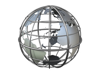 Stylized caged world with globe showing the continents of North and South America, Europe, and Africa